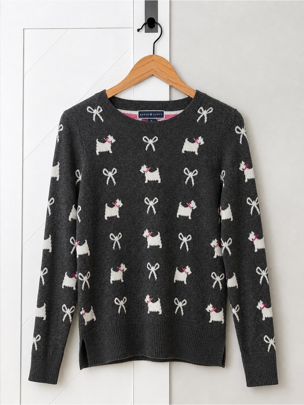 Karen Scott Scottie Dog Bow Sweater Gray Crewneck Small